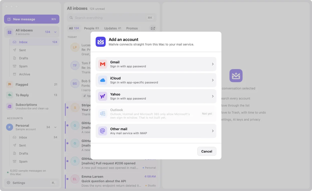 Adding an account. The mail behind the sheet is the app's sample mail.