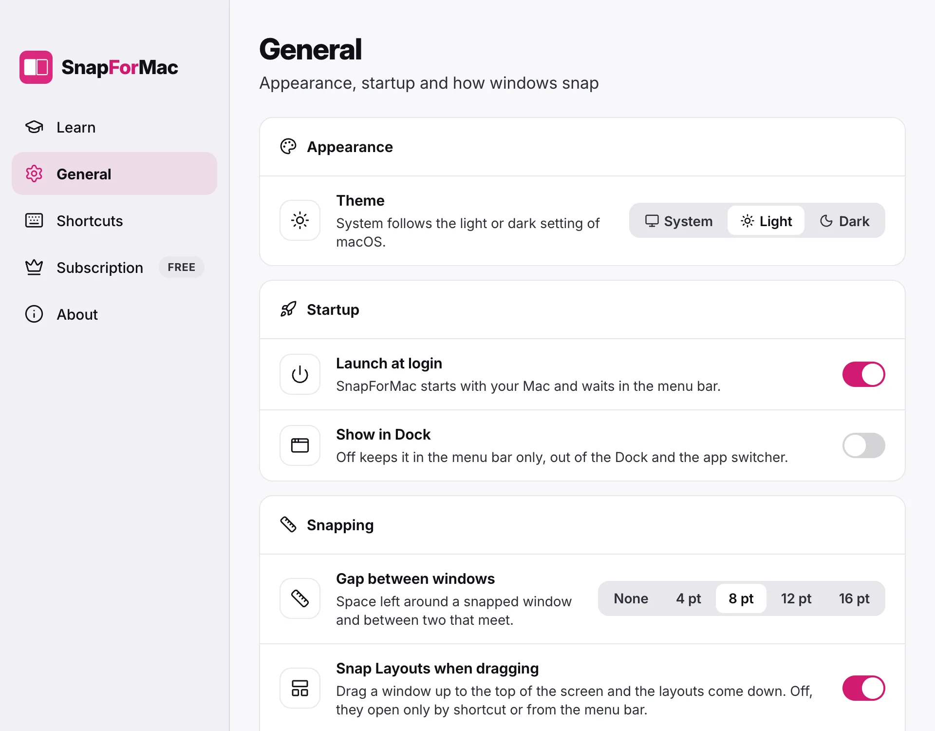 Settings, General: the gap between windows, launch at login and the Dock icon.